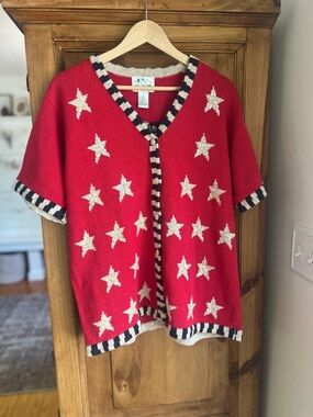 Quacker Factory Red Star Knit Cardigan with Navy-Trim Large